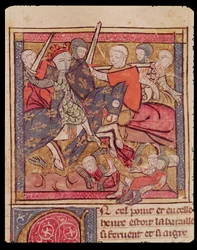 Fol.285r La Capture de Ferdinand de Portugal (1186-1233) Comte de Flandre à la Bataille de Bouvines, 27 juillet 1214, des Grandes Chroniques de France, 1375-79